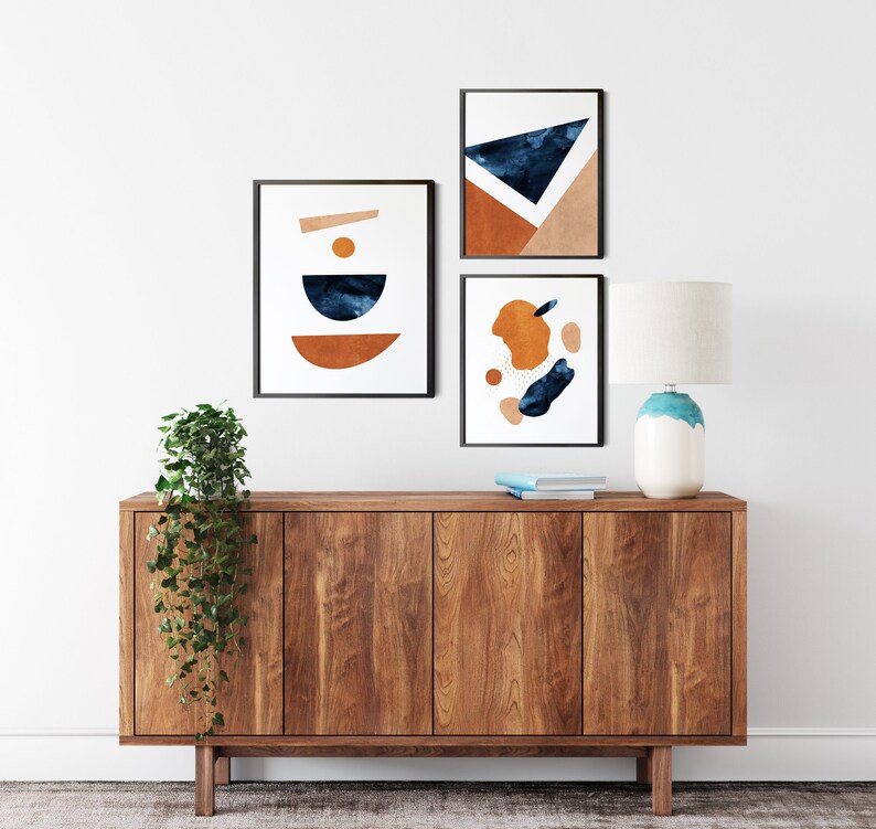 Blue Orange Wall Art Set Navy Burnt Orange Wall Art Set of 3 Etsy