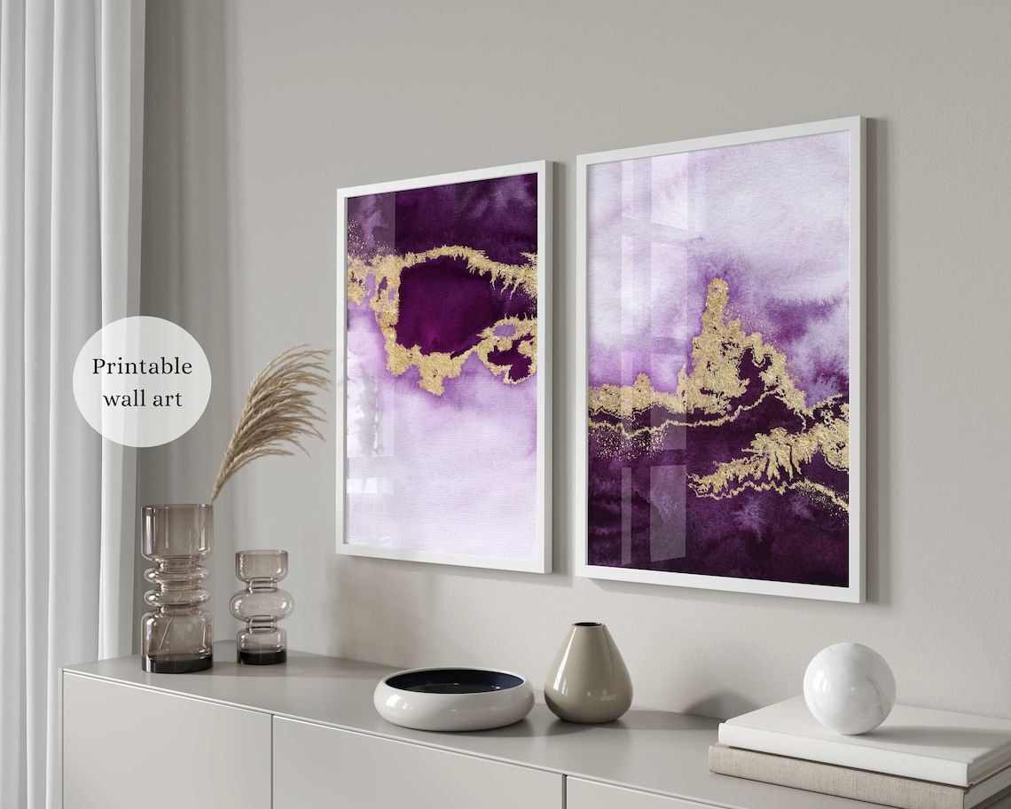 Purple Gold Wall Art Abstract Purple Wall Art Set of 2 Etsy