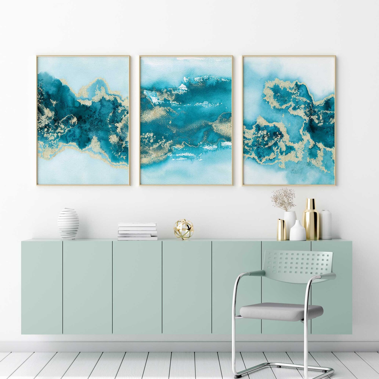 Teal Wall Art Set of 3 Turquoise Wall Art Aqua Blue Green Etsy