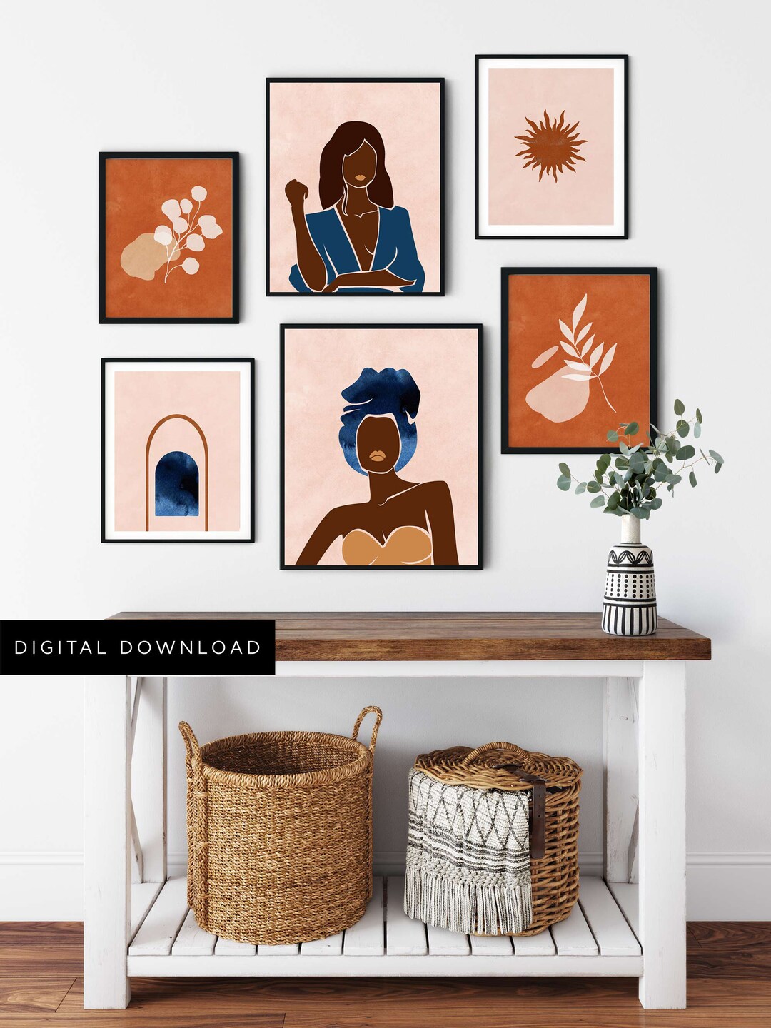 Navy Blue Orange Wall Art, Mid Century Modern Art Prints, Burnt Orange