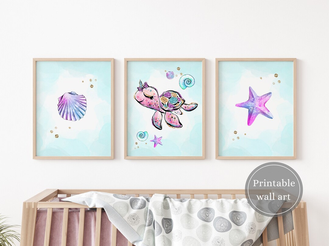 Ocean Nursery Wall Art Set of 3, Under the Sea Nursery Girl, Sea Ocean