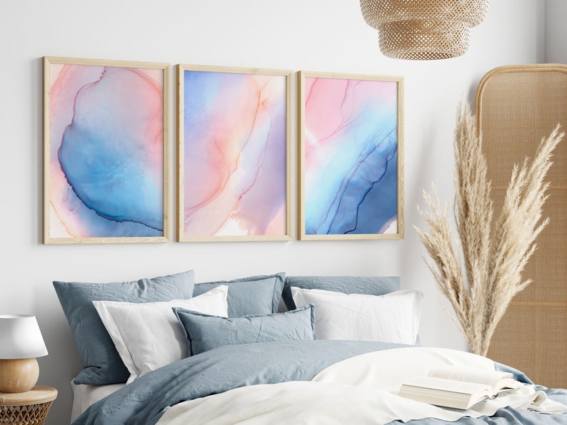 Blue and Pink Wall Art Set of 3 Modern Abstract Wall Art Set Etsy