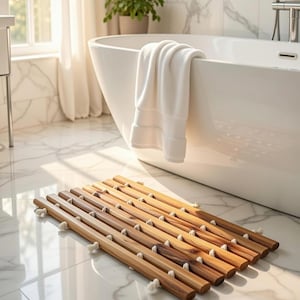 May include: A natural wood bath mat with light-colored rope accents sits on a marble tile floor. A white bathtub and a white towel are in the background. The mat is made of wooden slats.
