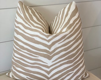 Schumacher Zebra Print Pillow Cover: Beige & White Designer Throw Pillow
