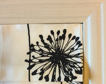 May include: White roman shade with a black dandelion print. The shade is pulled up to show the white fabric underneath.