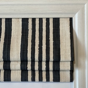 Custom Roman Shade in Continual Stripe Black and Flax