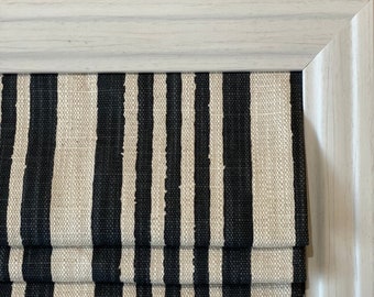 Custom Roman Shade in Continual Stripe Black and Flax