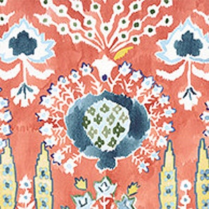 K&ouml;nnte beinhalten: Ein roter Hintergrund mit einem blauen, gr&uuml;nen und wei&szlig;en Blumenmuster. Das Muster zeigt stilisierte Blumen, Bl&auml;tter und Ranken.