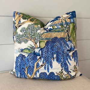 Thibaut Asian Scenic Pillow Cover: Blue & Green Zen Garden Design