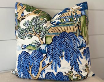 Thibaut Asian Scenic Pillow Cover: Blue and Green Zen Garden Design