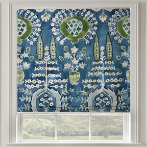 Thibaut Mendoza Suzani Fabric Roman Shade Blue and Green