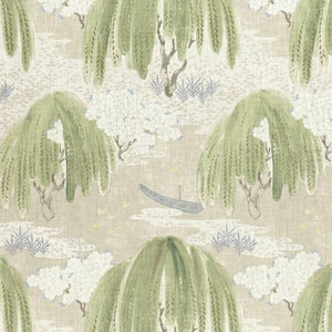 May include: A beige background with a repeating pattern of green willow trees, white flowers, and a small gray boat. The design is reminiscent of a traditional Japanese landscape painting.