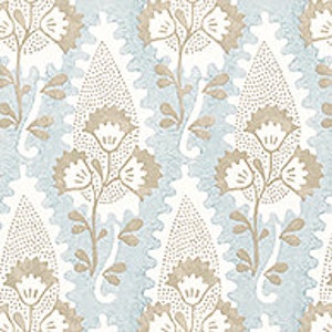 May include: A repeating pattern of light blue and brown paisley shapes with a floral design. The paisley shapes are outlined in brown and filled with a light blue background. The floral design is in brown and features small flowers and leaves.
