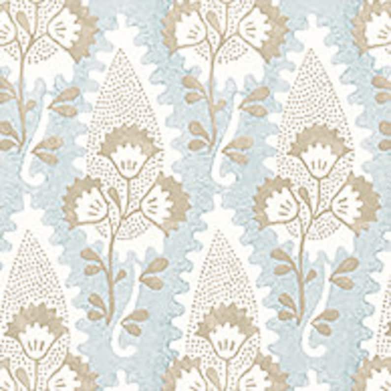 May include: A repeating pattern of light blue and brown paisley shapes with a floral design. The paisley shapes are outlined in brown and filled with a light blue background. The floral design is in brown and features small flowers and leaves.