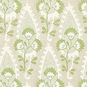 May include: A seamless pattern featuring a repeating design of green paisley shapes with white outlines and small white dots. The paisley shapes are filled with a stylized floral motif in green.