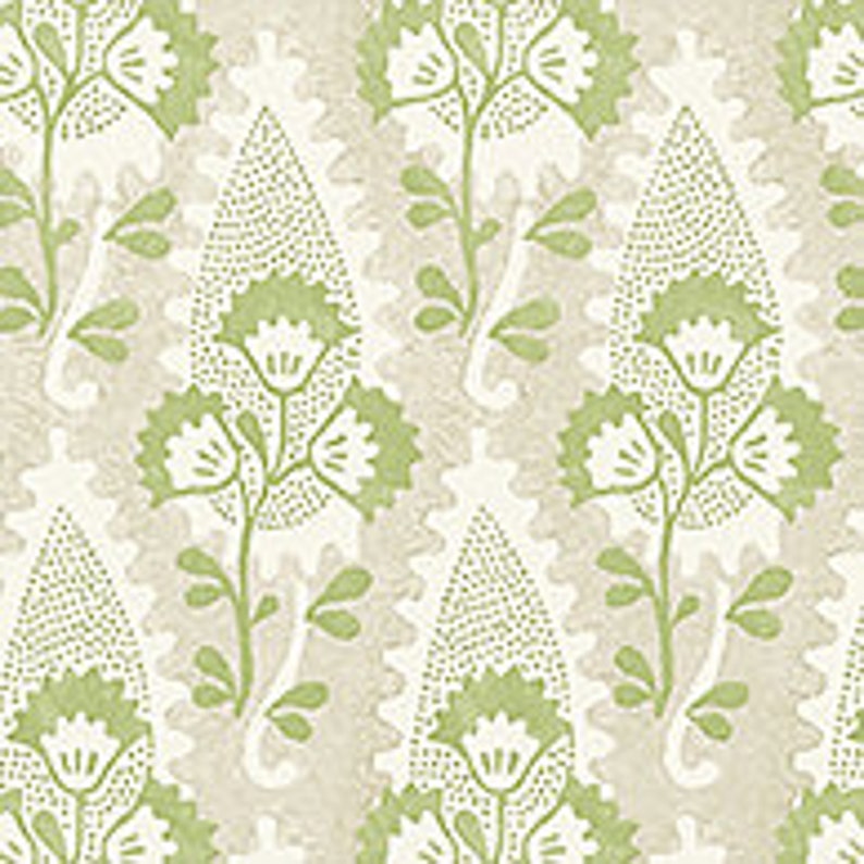 May include: A seamless pattern featuring a repeating design of green paisley shapes with white outlines and small white dots. The paisley shapes are filled with a stylized floral motif in green.