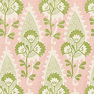 May include: A pink and green paisley fabric with a floral pattern. The fabric features a repeating design of stylized leaves and flowers.