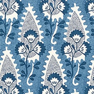May include: A blue and white paisley pattern fabric with a repeating design of stylized flowers and leaves.