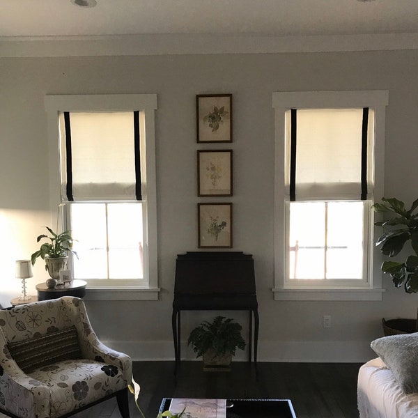 White Roman Shade With Black Trim Etsy