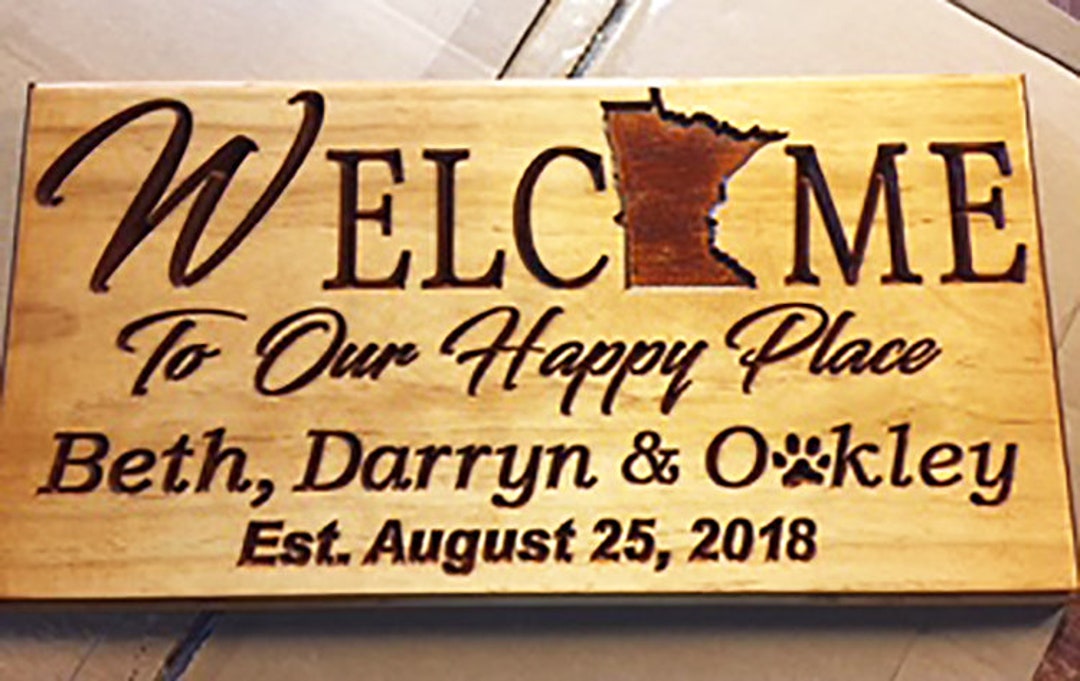 to Our Happy Place Wood Sign, State, Minnesota, Custom Name