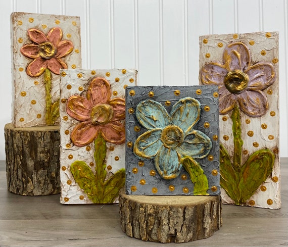 Beautiful Hand-painted Dimensional Flower Blocks With Gold Accents