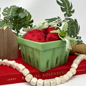 Summery Hand Sewn Plush Strawberries in Hand Painted Ceramic Basket