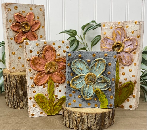 Beautiful Hand-painted Dimensional Flower Blocks With Gold Accents