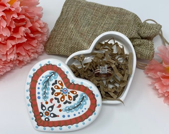 Hand-painted Ceramic Heart Ring Box With Bag