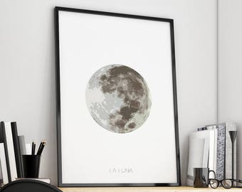 La Luna, Moon Print, Full Moon Print, Moon Poster, Full Moon Wall Art, Lunar Art Print, Lunar Phase, Moon Phase Decor, Printable Moon Art