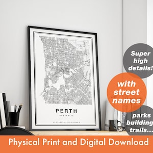 Impression de carte de Perth, carte de Perth, plan de la ville, cadeau d'impression de Perth, art de carte de Perth, carte de Perth en Australie, affiche de Perth, art mural de Perth