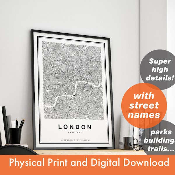 London Map Print, Map Of London, City Map Art, Street Names London Print, London Map Art, England Wall Art, Travel Gift Poster