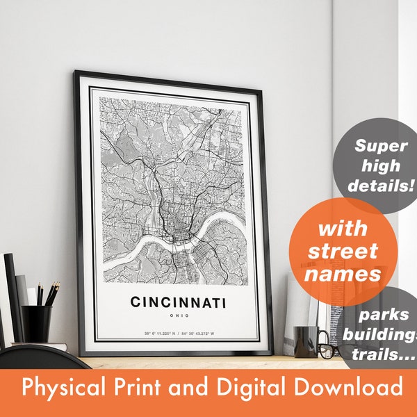 Cincinnati Map Print, Map Of  Cincinnati, City Map,  Cincinnati Print Gift, Cincinnati Ohio Map, Cincinnati Poster, Cincinnati Wall Art
