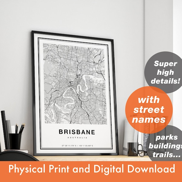 Brisbane Map Print, Map Of Brisbane, City Map, Brisbane Print Gift,  Map Art, Brisbane Australia Map, Brisbane Poster, Brisbane Wall Art