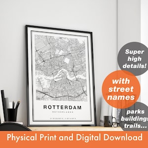 Impression de carte de Rotterdam, Carte de Rotterdam, Plan de la ville, Cadeau imprimé de Rotterdam, Rotterdam Pays-Bas, Affiche de Rotterdam, Art mural de Rotterdam