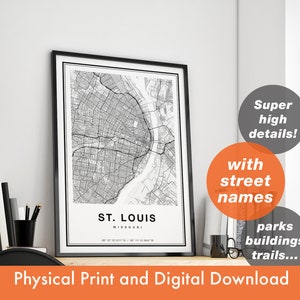 Impression de carte de Saint-Louis, carte de Saint-Louis, plan de la ville, cadeau d'impression de Saint-Louis, art de la carte, carte de Saint-Louis du Missouri, affiche de Saint-Louis, art mural de Saint-Louis