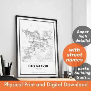 Impression de carte de la ville de Reykjavik, carte de Reykjavik, impression cadeau Reykjavik, art de la carte, carte Reykjavik Islande, affiche Reykjavik, art mural Reykjavik