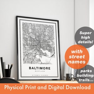 Carte de Baltimore, plan de la ville de Baltimore, impression de Baltimore, affiche de Baltimore, carte de Baltimore, art de Baltimore, plan des rues de Baltimore, carte du Maryland
