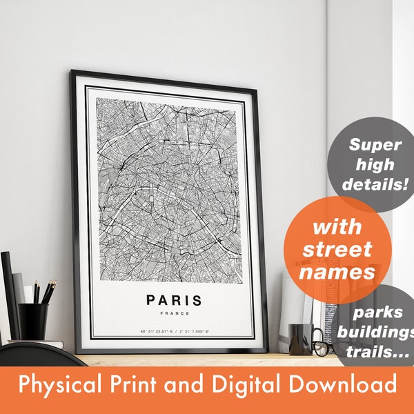 Impression carte de Paris, carte de Paris imprimable, art plan de la ville, impression de Paris, carte de Paris France cadeau, affiche carte de Paris, art mural Paris, art carte de Paris