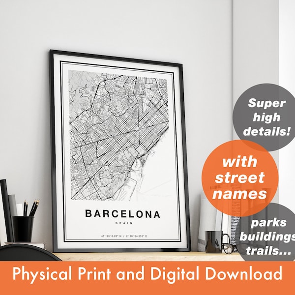 Barcelona Map, Barcelona City Map, Barcelona Print, Barcelona Poster, Map Of Barcelona, Barcelona Map Print, Barcelona Street Map Art Print