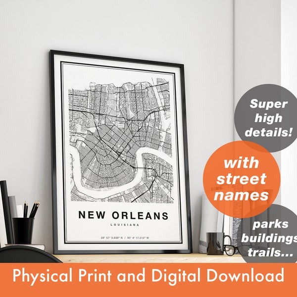 New Orleans Map Print, Map Of New Orleans, City Map, Print Gift, New Orleans Louisiana Map, New Orleans Poster, New Orleans Wall Art