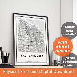 Impression de carte de Salt Lake City, carte de Salt Lake City, plan de la ville, cadeau imprimé, carte de Salt Lake City Utah, affiche de Salt Lake City, art mural de l’Utah