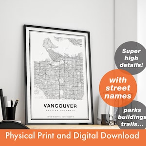 Impressão de mapa de Vancouver, mapa de Vancouver, mapa da cidade, presente de impressão de Vancouver, mapa de Vancouver British Columbia, pôster de Vancouver, arte de parede de Vancouver
