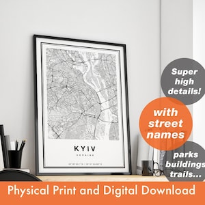 Mapa de Kiev com nomes de ruas, mapa de Kiev para impressão, impressão de Kiev, mapa da cidade de Kiev, arte de parede de Kiev, mapa de Kiev
