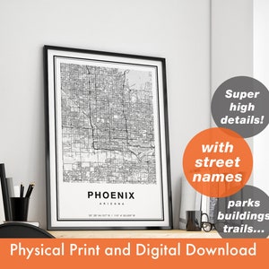 Impression de carte de Phoenix, carte de Phoenix, plan de la ville, cadeau d'impression de Phoenix, art de carte de Phoenix, carte de Phoenix en Arizona, affiche de Phoenix, art mural de Phoenix