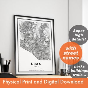 Mapa de Lima, mapa da cidade de Lima, impressão de Lima, pôster de Lima, mapa de Lima, impressão de mapa de Lima, mapa de ruas de Lima, impressão artística de Lima, mapa de Lima Peru