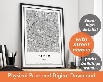 Impresión de mapas de París, mapa imprimible de París, arte del mapa de la ciudad, impresión de París, regalo de mapa de París Francia, cartel del mapa de París, arte de la pared de París, arte del mapa de París