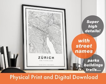 Zürich Map Print, Map Of Zürich, City Map, Zürich Print Gift, Zürich Map Art, Zürich Switzerland Map, Zürich Poster, Zürich Wall Art