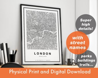 London Map Print, Map Of London, City Map Art, Street Names London Print, London Map Art, England Wall Art, Travel Gift Poster