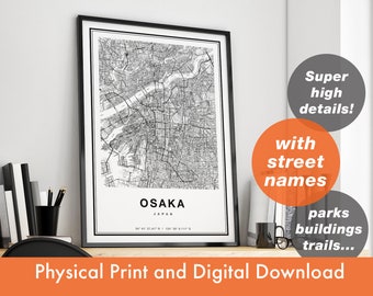 Impression de carte d'Osaka, carte d'Osaka, plan de la ville, impression d'Osaka cadeau, art de la carte d'Osaka, carte du Japon d'Osaka, affiche d'Osaka, art mural d'Osaka
