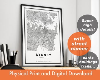 Minimal Scandi Look Decor Street Map Poster Sydney Art Print Australian Map Framed or Unframed MAP-03 Map Wall Art City Map